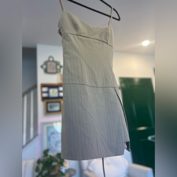 Zara Adjustable Stap Pinstripe Mini Dress in Light Cream - Picture 2 of 13
